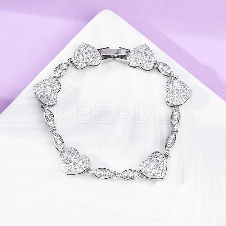 Heart & Horse Eye Brass Micro Pave Clear Cubic Zirconia Link Chain Bracelets for Women BJEW-G740-03P-1