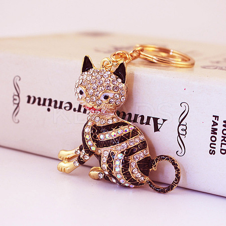 Fashion Rhinestones Enamel Sitting Cat Pendant Keychain ANIM-PW0001-022B-1