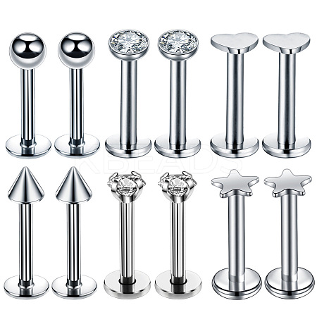 6 Styles Stainless Steel Clear Cubic Zirconia Internally Threaded Labrets WG43458-01-1
