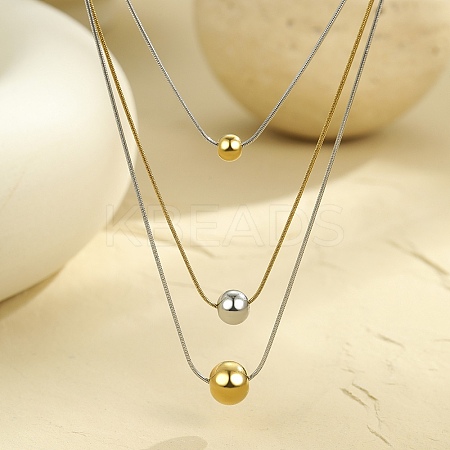 304 Stainless Steel Round Bead Snake Chain 3 Layer Necklaces for Women NJEW-G173-02B-GP-1