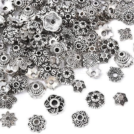 150Pcs 15 Styles Tibetan Style Alloy Flower Bead Caps FIND-YW0007-29-1