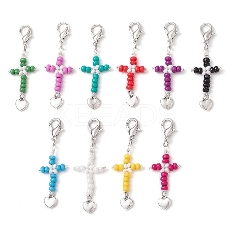 Cross Glass Seed Beads Pendant Decoration HJEW-MZ00111-1