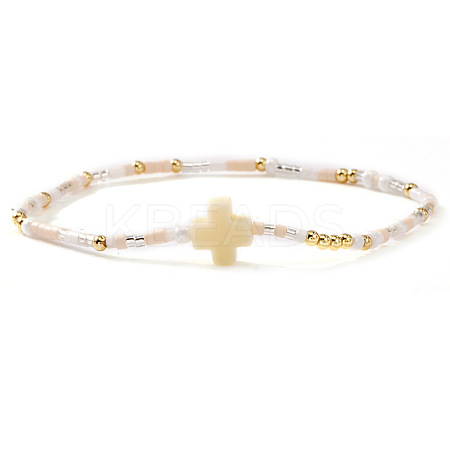 Bohemian Cross Charm Glass Seed Bead & Brass Beads Stretch Bracelet for Women SA4132-10-1