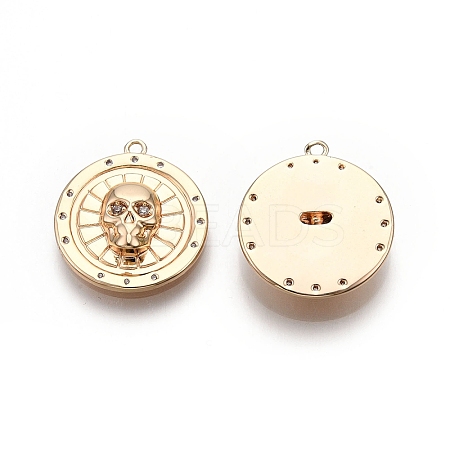 Flat Round with Skull Pattern Brass Micro Pave Clear Cubic Zirconia Pendants KK-G436-21G-1