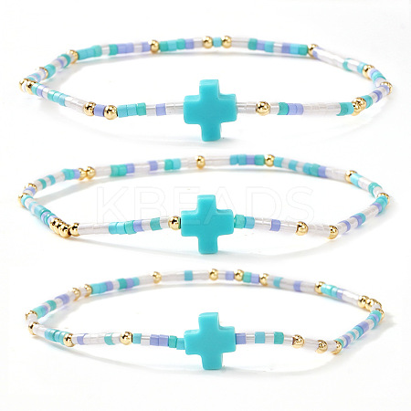 3Pcs Bohemian Cross Charm Glass Seed Bead & Brass Beads Stretch Bracelet for Women SA4132-3-1