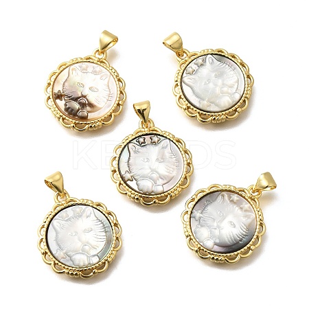 Brass Pave Natural Black Lip Shell Carved Cat Pendants KK-Z091-08G-02-1