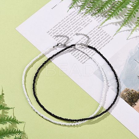 2 Pcs 2 Colors Black & White Glass Seed Beaded Necklaces Set NJEW-FZ00003-1