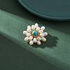 Synthetic Green Turquoise & Natural Pearl Braided Bead Flower Lapel Pin JEWB-TA00006-01-2