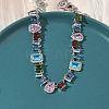 Brass Pave Colorful Cubic Zirconia Rectangle Square Teardrop Tennis Necklaces NJEW-G183-09P-3