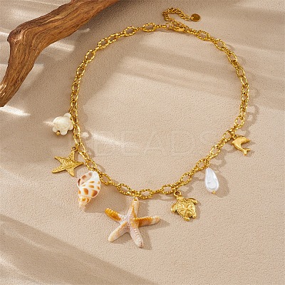 Acrylic Starfish & Natural Shell & Imitation Pearl Pendant 304 Stainless Steel Cable Chain Necklaces for Women NJEW-Z095-02G-1