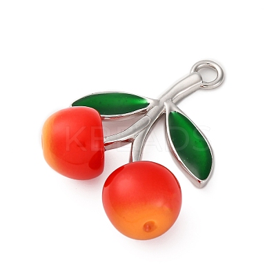 Brass Green Enamel & Plastic Cherry Pendants KK-I276-17P-1