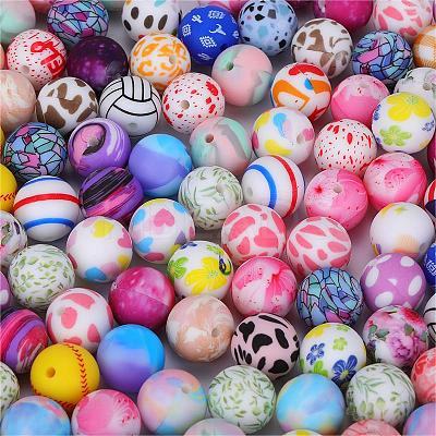Printed Round with Snowman Pattern Silicone Focal Beads SI-JX0056A-145-1