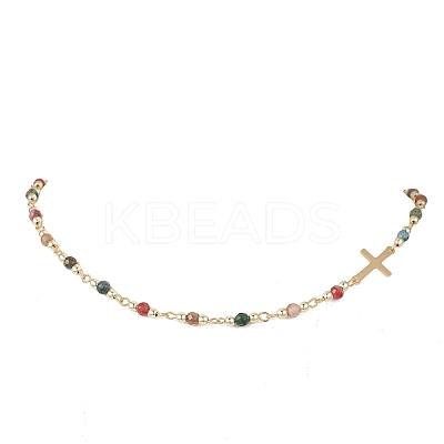 Faceted Natural Indian Agate Round Beads & 304 Stainless Steel Tiny Cross Handmade Link Chain Necklaces NJEW-JN05842-03-1