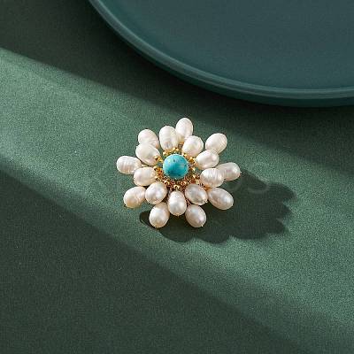 Synthetic Green Turquoise & Natural Pearl Braided Bead Flower Lapel Pin JEWB-TA00006-01-1