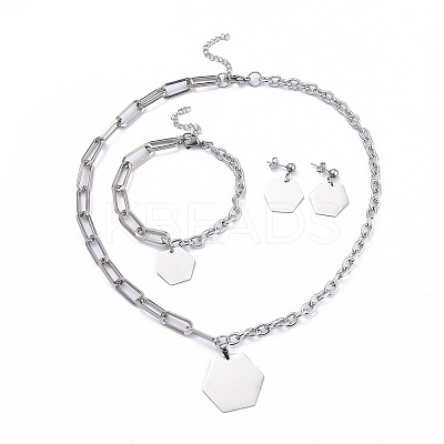 Non-Tarnish 304 Stainless Steel Paperclip Chains & Cable Chain Jewelry Sets SJEW-K153-56P-1