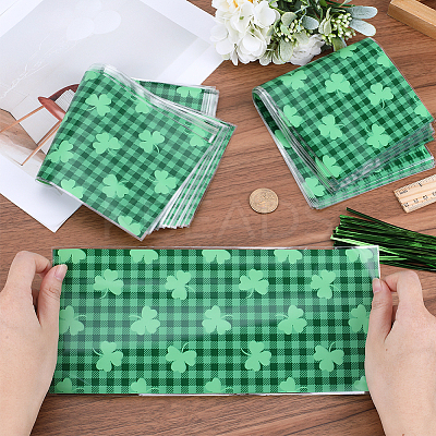 Rectangle Shamrock Clover Print Plastic Cookies Packing Pouches ABAG-WH0038-35B-1