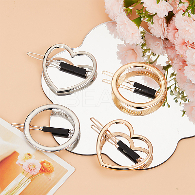 MAKERER 4Pcs 4 Style Alloy Hollow Heart & Ring Hair Pin PHAR-GO0001-01-1