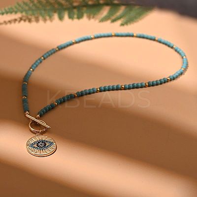 Matal Rhinestone Eye Pendant Dyed Synthetic Turquoise Round Beaded Necklaces for Women FS-WG1E54E-01-1