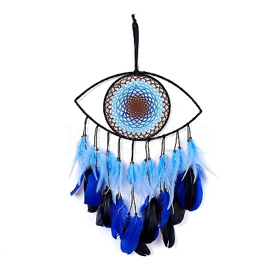 Handmade Evil Eye Woven Net/Web with Feather Wall Hanging Decoration LS-HJEW-K035-07-1