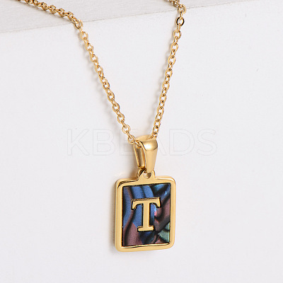 304 Stainless Steel Pave Natural Paua Shell Rectangle Initial Pendant Necklaces for Women FS-WG38E89-20-1