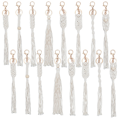 Cotton Knitting Tassel with Wood Beads Keychains KEYC-WH0018-78-1