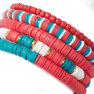 5Pcs 5 Styles Christmas Handmade Polymer Clay Beaded Stretch Bracelets Sets BJEW-TA00489-1