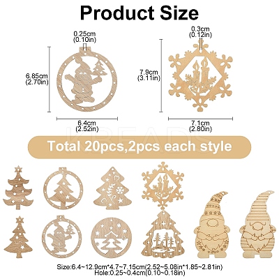 20Pcs 10 Styles Christmas Theme Undyed Wood Big Pendants WOOD-YW0001-25-1