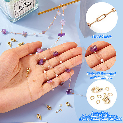 3m Natural Amethyst Chips & ABS Plastic Imitation Pearl Beaded Chains Necklace Making Kits CHC-TA0001-30D-1