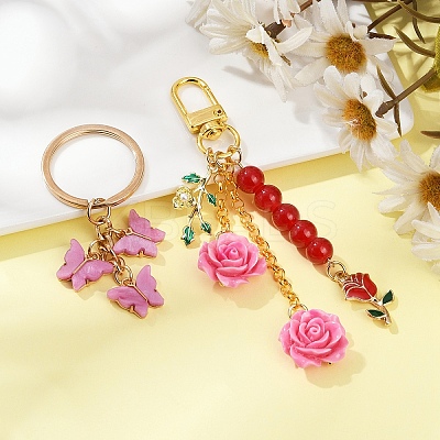 2 Styles Butterfly & Rose Synthetic Coral & Alloy Acrylic/Enamel Pendant Decorations KEYC-YW00182-01-1