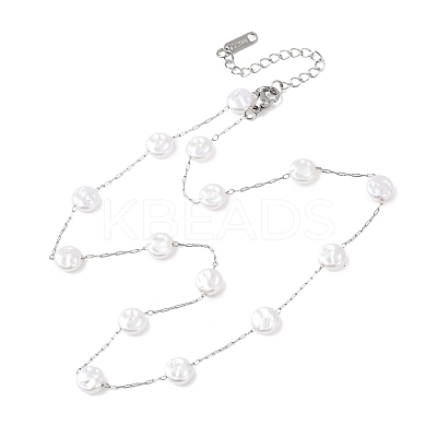 304 Stainless Steel with ABS Plastic Pearl Flat Round Bead Cable Chain Necklaces for Women NJEW-G190-03P-1