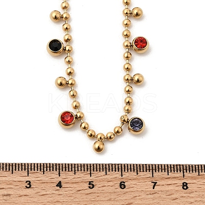 304 Stainless Steel Pave Cubic Zirconia Colorful Round Tassel Ball Chain Bib Necklaces for Women NJEW-D350-01G-1