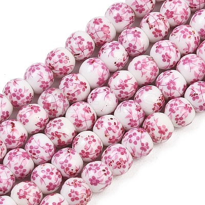 Handmade Flower Printed Porcelain Ceramic Beads Strands X-PORC-M005-6mm-03-1