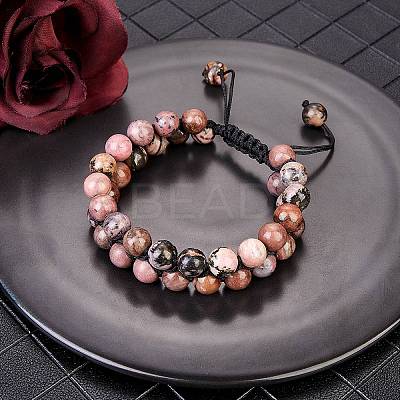 Natural Rhodonite Braided Bead Bracelet BJEW-SW00001-17-1