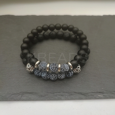 Natural Lava Rock & Frosted Stone Round Beads Stretch Bracelet Set Women DF9720-9-1
