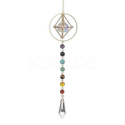 Natural & Synthetic Mixed Stone Bead & Brass Ring Pendant Decorations HJEW-TA00099-1