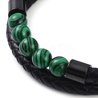 Mixed Stone Round Bead Leather Cord Multi-strand Bracelets BJEW-A009-10EB-1