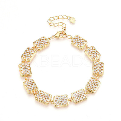 Brass Micro Pave Clear Cubic Zirconia Rectangle Link Chain Bracelets for Women ZIRC-T016-07G-1