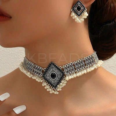 Rhombus Alloy Rhinestone Choker Necklace & Earrings Sets for Women FS-WGAB840-04-1