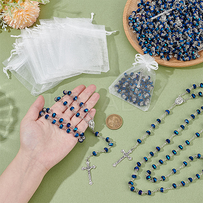 15Pcs Jesus Cross Zinc Alloy Pendant Blue Glass Rondelle Rosary Bead Necklaces for Women Men NJEW-WA0001-02-1