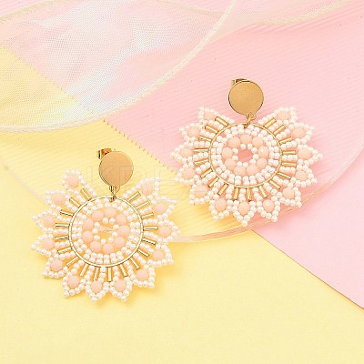 304 Stainless Steel & Bohemian Beaded Flower Dangle Stud Earrings for Women EJEW-R001-04B-1