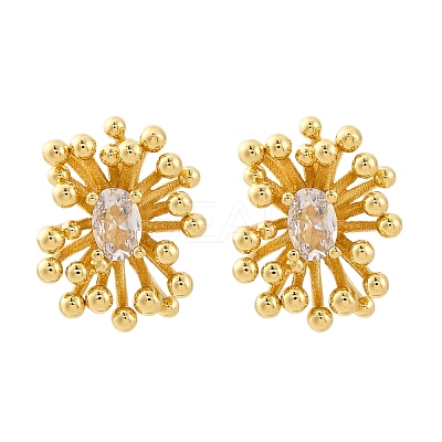 Flower Brass Clear Cubic Zirconia Stud Earrings EJEW-R025-22G-1
