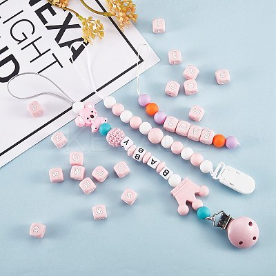 20Pcs Pink Cube Letter Silicone Beads 12x12x12mm Square Dice Alphabet Beads with 2mm Hole Spacer Loose Letter Beads for Bracelet Necklace Jewelry Making JX435R-1