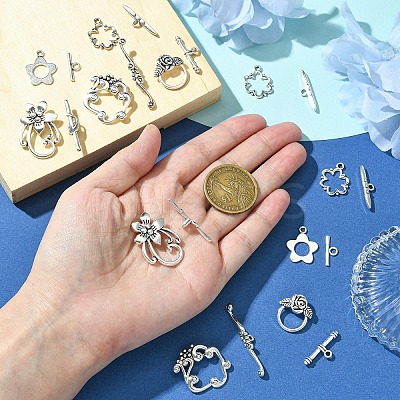 20Pcs 5 Styles Flower Tibetan Style Alloy Toggle Clasps FIND-YW0005-24-1