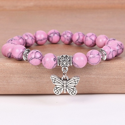 8MM Round Dyed Synthetic Turquoise Beaded Stretch Bracelets with Alloy Butterfly Charms FQ7211-2-1