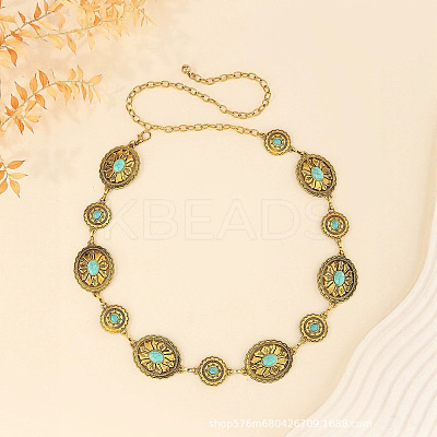 Oval Flower Alloy with Dyed Synthetic Turquoise Link Chain Waist Belly Chains for Women FS-WG9F428-01-1