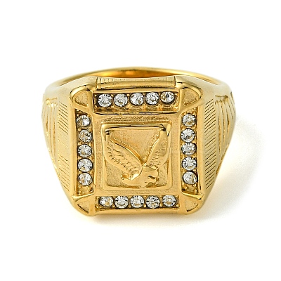 Ion Plating(IP) Square with Bird 304 Stainless Steel Rhinestone Signet Rings RJEW-Q815-04G-M-1