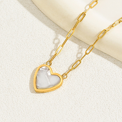 Natural Shell Heart Pendant Necklaces with Golden Stainless Steel Paperclip Chains EU3732-2-1