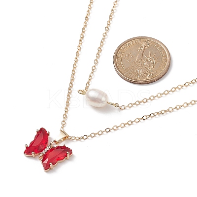 4Pcs 4 Color Glass Butterfly & Natural Pearl Pendants Double Layer Necklaces Set with Clear Cubic Zirconia NJEW-TA00043-1