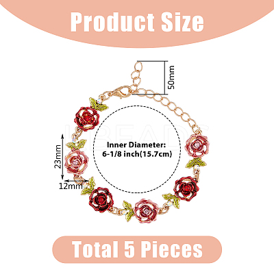 5Pcs 5 Colors Alloy Rose Link Chain Bracelets Set with Rhinestone BJEW-FI0001-63-1