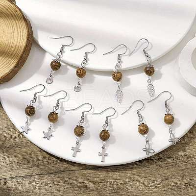 5 Pairs 5 Styles 304 Stainless Steel & Wenge Wood Dangle Eearrings EJEW-JE05723-02S-1